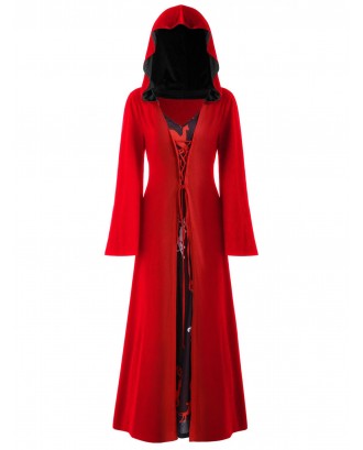 Plus Size Christmas Lace Up Hooded Maxi Dress - Lava Red L
