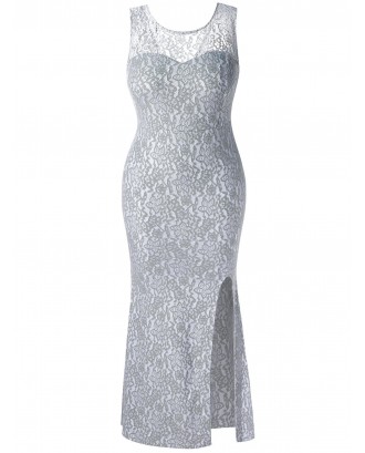 Plus Size Lace Front Slit Maxi Dress - Silver L