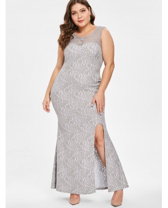 Plus Size Lace Front Slit Maxi Dress - Silver L