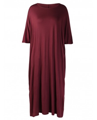 Plus Size Round Neck Ankle Length Dress - Red Wine L