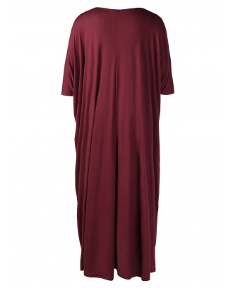 Plus Size Round Neck Ankle Length Dress - Red Wine L