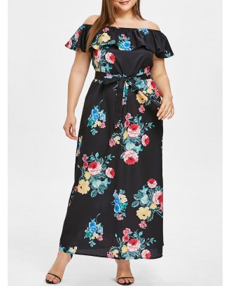 Plus Size Off Shoulder Flower Slit Maxi Dress - Black L