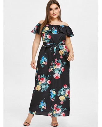 Plus Size Off Shoulder Flower Slit Maxi Dress - Black L
