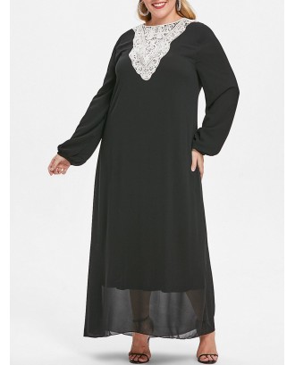 Plus Size Round Neck Lace Applique Maxi Dress - Black 1x