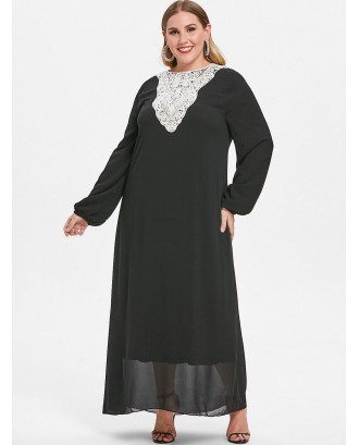 Plus Size Round Neck Lace Applique Maxi Dress - Black 1x