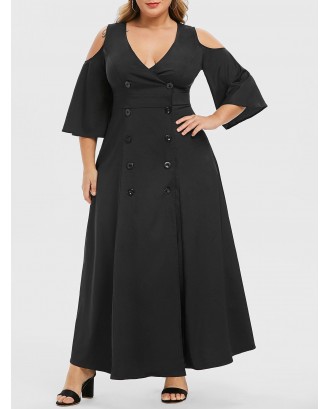 Plus Size Low Cut Cold Shoulder Double Breasted Maxi Dress - Night L
