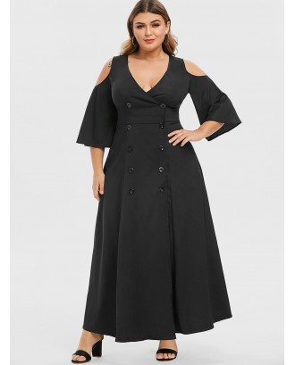 Plus Size Low Cut Cold Shoulder Double Breasted Maxi Dress - Night L