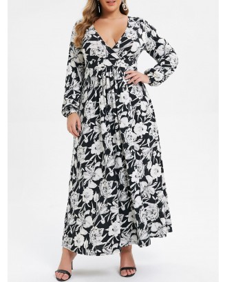 Plus Size Plunging Neck Floral Print Maxi Dress - Black L