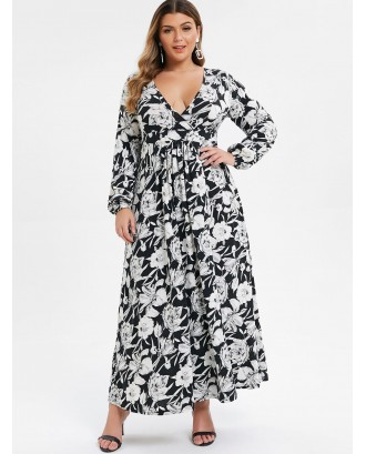 Plus Size Plunging Neck Floral Print Maxi Dress - Black L