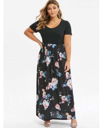 Contrast Floral Maxi Plus Size Dress - Black 5x