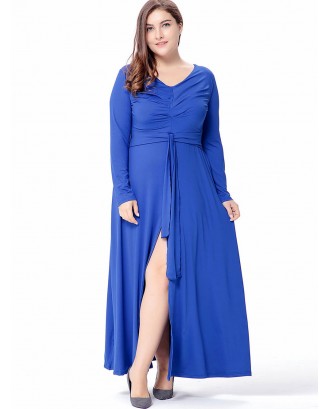 Plus Size Long Sleeve Floor Length Dress - Blue 1x