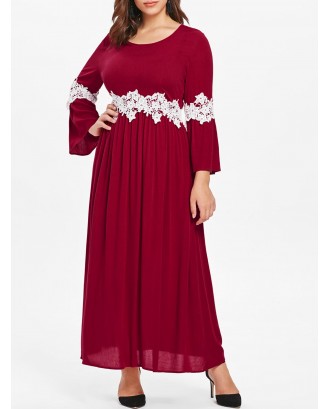 Plus Size Bell Sleeve Lace Insert Maxi Dress - Red Wine L