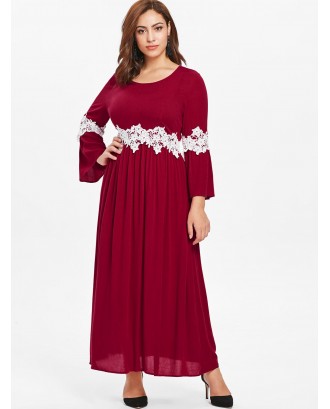 Plus Size Bell Sleeve Lace Insert Maxi Dress - Red Wine L