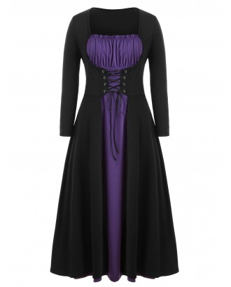 Plus Size Halloween Color Block Lace Up Dress - Black L
