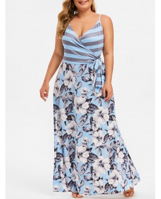 Stripes Floral Knotted Surplice Plus Size Dress - Blue L