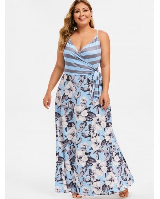 Stripes Floral Knotted Surplice Plus Size Dress - Blue L