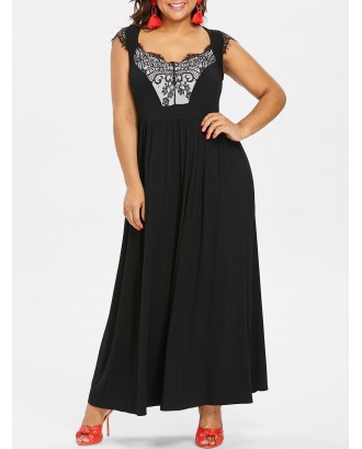High Waist Floral Lace Plus Size Dress - Black L