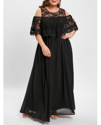 Plus Size Cold Shoulder Lace Panel Maxi Dress - Black L