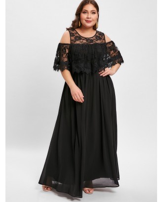 Plus Size Cold Shoulder Lace Panel Maxi Dress - Black L