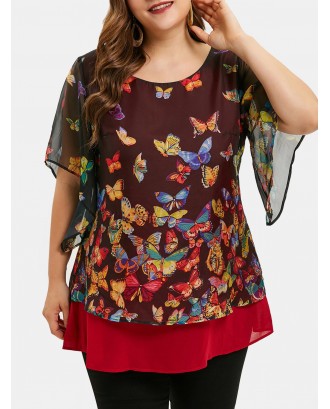 Plus Size Butterfly Print Overlay Blouse -  L