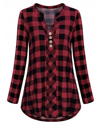 Plus Size Plaid Roll Tab Sleeve Blouse - Red Wine 1x