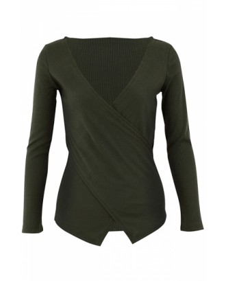 Fashion V Neck Long Sleeve Criss Cross Plain Bodycon T-Shirt Green