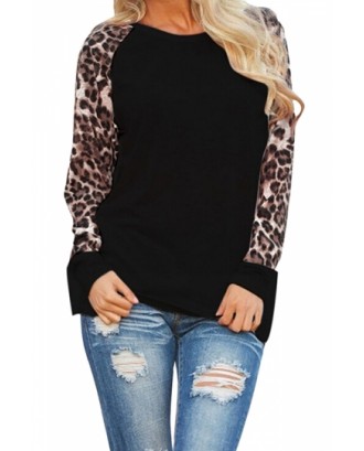 Womens Leopard Printed Long Sleeve Crewneck T Shirt Black