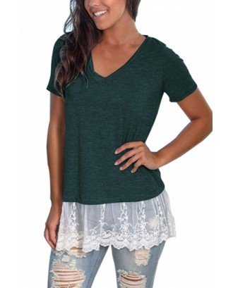Floral Lace Plain T-Shirt With V Neck Green