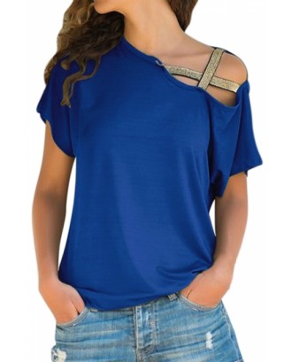 One Shoulder Criss Cross Sequin Loose Plain T-Shirt Sapphire Blue