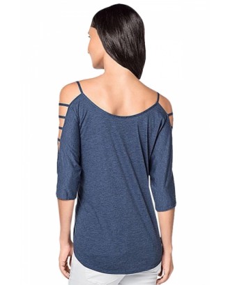 Womens Plain Long Sleeve Off Shoulder Hollow Out String T-shirt Blue