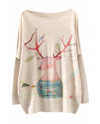 Womens Crewneck Batwing Sleeve Deer Printed Christmas T Shirt Beige