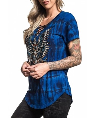 Plus Size Short Sleeve Eyelet Cross Lace Up Wings Print T-Shirt Blue