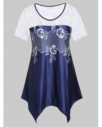 Plus Size Asymmetric Lace Insert Ditsy Print T Shirt - Lapis Blue L