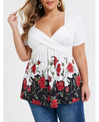 Plus Size Plunge Crossover Flower Print Tee - White L