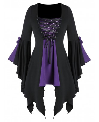 Plus Size Asymmetrical Sequined Lace Up Gothic Tunic Tee -  1x
