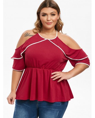 Plus Size Contrast Binding Open Shoulder T-shirt - Red Wine M