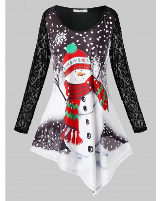 Plus Size Lace Sleeve Snowman Print Christmas T Shirt - Black 5x
