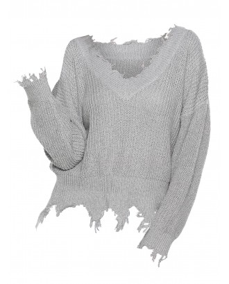 Plus Size Frayed Hem Solid Drop Shoulder Sweater - Gray Cloud L