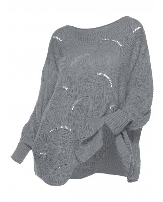 Pointelle Knit Scalloped Hem Pullover Plus Size Sweater - Gray M