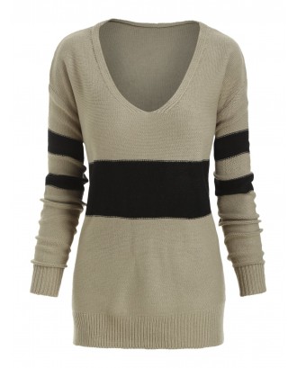 Plus Size V Neck Contrast Trim Sweater - Light Khaki L