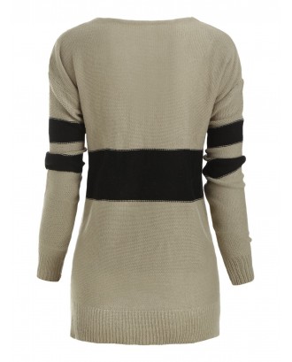 Plus Size V Neck Contrast Trim Sweater - Light Khaki L