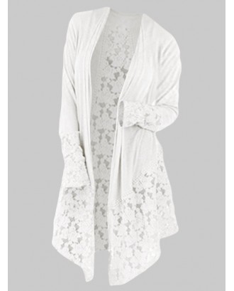 Plus Size Lace Insert Open Front Cardigan - White 4x