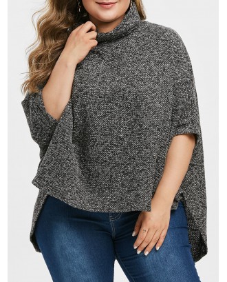 Plus Size Cowl Neck Heathered Poncho Sweater - Black One Size