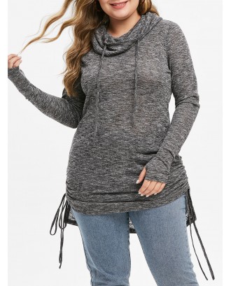 Plus Size Cowl Neck High Low Cinched Knitwear - Dark Gray L