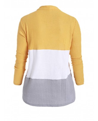 Knotted Colorblock Button Up V Neck Plus Size Cardigan - Yellow L