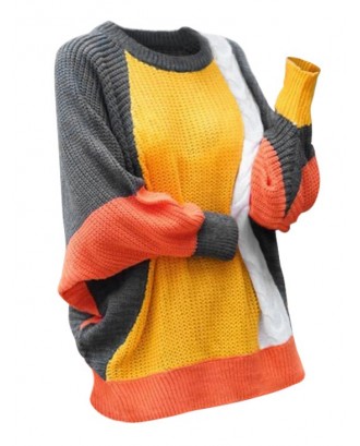 Colorblock Cable Knit Plus Size Crew Neck Sweater -  M