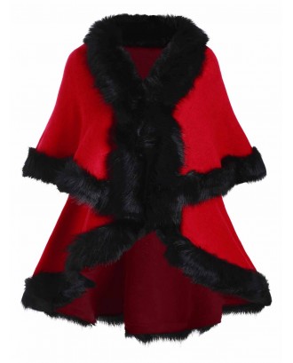 Faux Fur Trim Hook-and-Eye Plus Size Poncho Cardigan - Red One Size