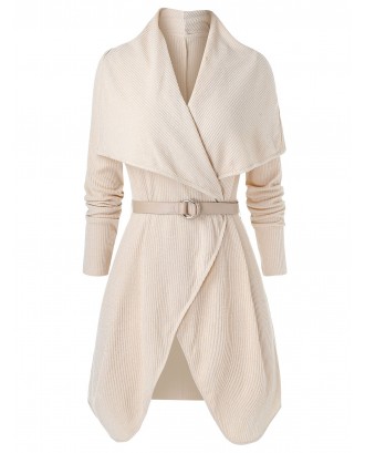 Plus Size Solid Turn-down Cardigan with Belt - Apricot L