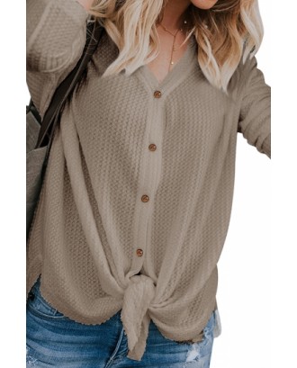Long Sleeve V Neck Button Down Tie Bottom Loose Plain Blouse Coffee