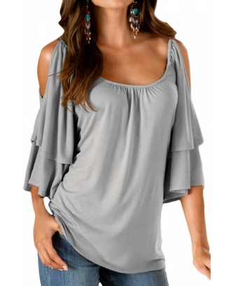 Womens Sexy Cold Shoulder Double Layer Plain Blouse Gray